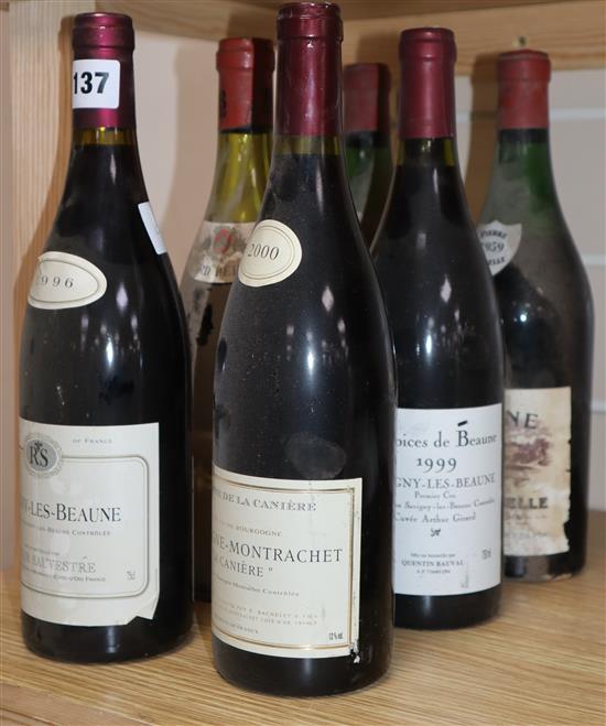 Six bottles: Savigny Les Beaune, 1999, 1996, Chateau Moutrose, 1987, Les Fiets de lagrauge, 1998, Ch Pedesclaux, Pauillac 1979